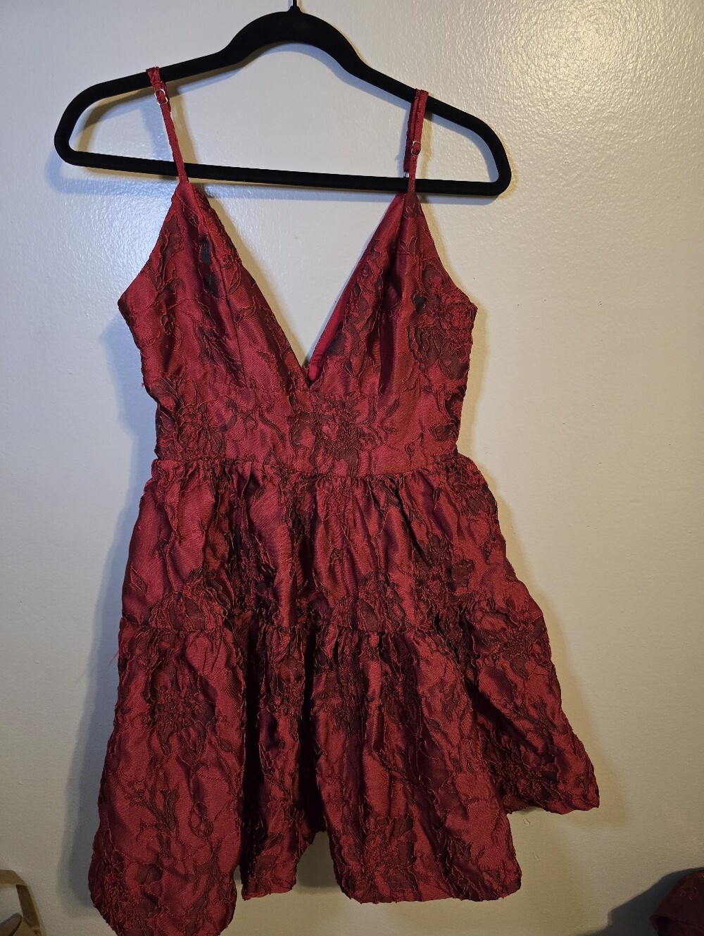 Red Lace-Texture V-Neck Spaghetti Strap Dress